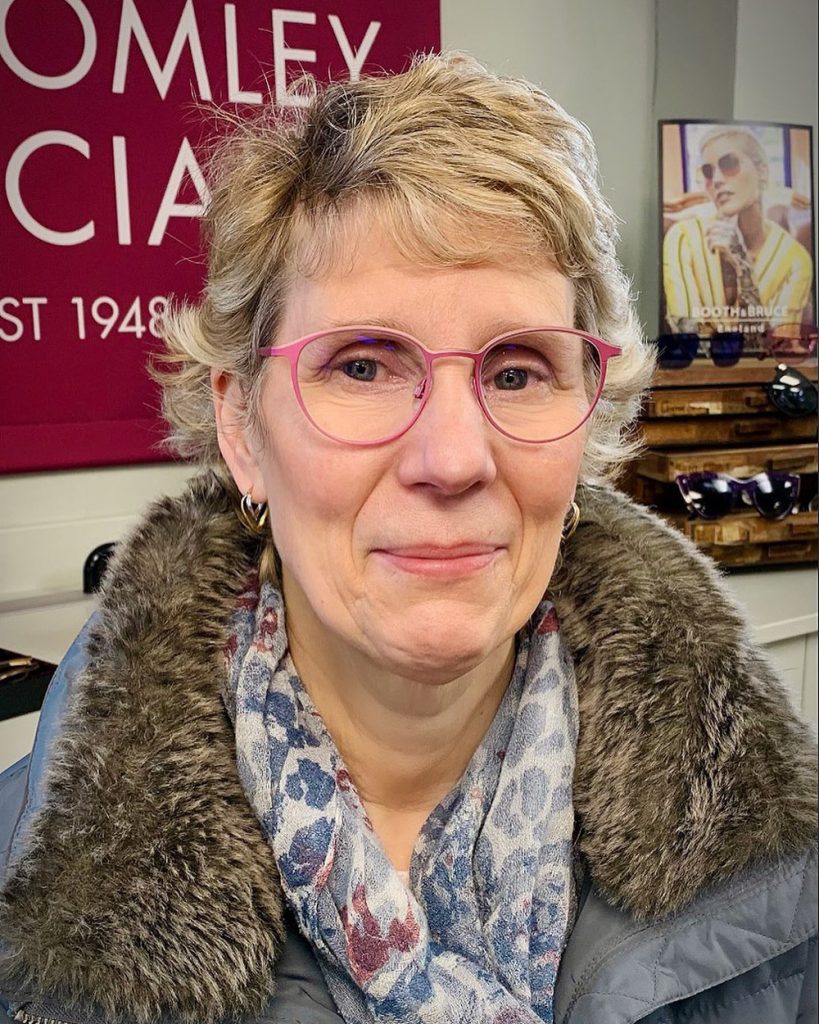 pink framed glasses